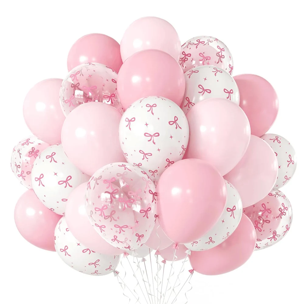 50pcs 12inch Pink Clear White Bow Coquette Balloons Set for Birthday Bridal Baby Shower Wedding Bachelorette Party Decorations