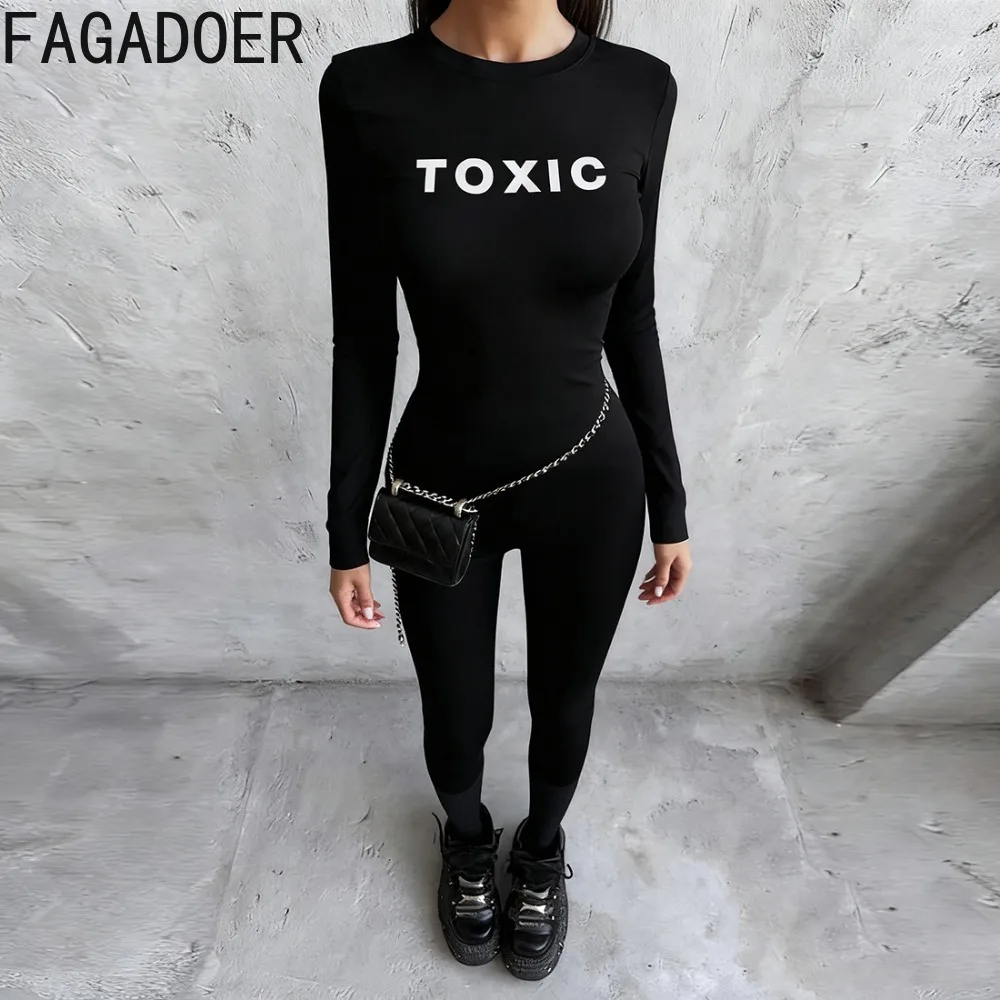 بدلة قفز ضيقة مثيرة مطبوعة بحروف من FAGADOER للنساء بلون سادة ورقبة دائرية وأكمام طويلة ملابس خروج نسائية