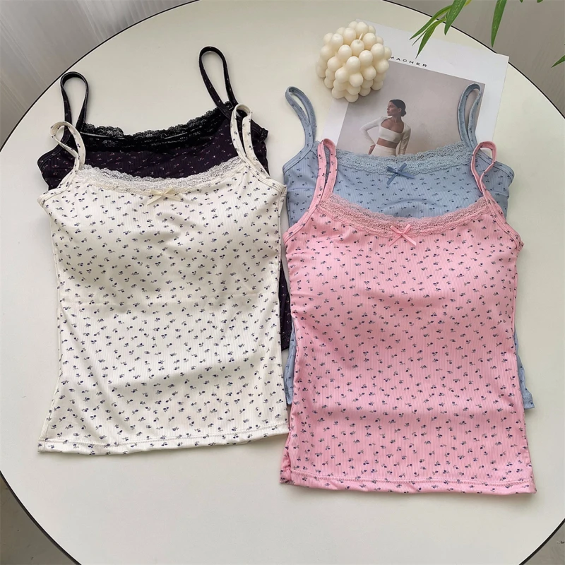 Women Floral Bow Knot Tops Summer Casual Sleeveless Ice Silk Bra Tops With Pad Sweet Lace Vest With Chest Cushion T Shirts 2024