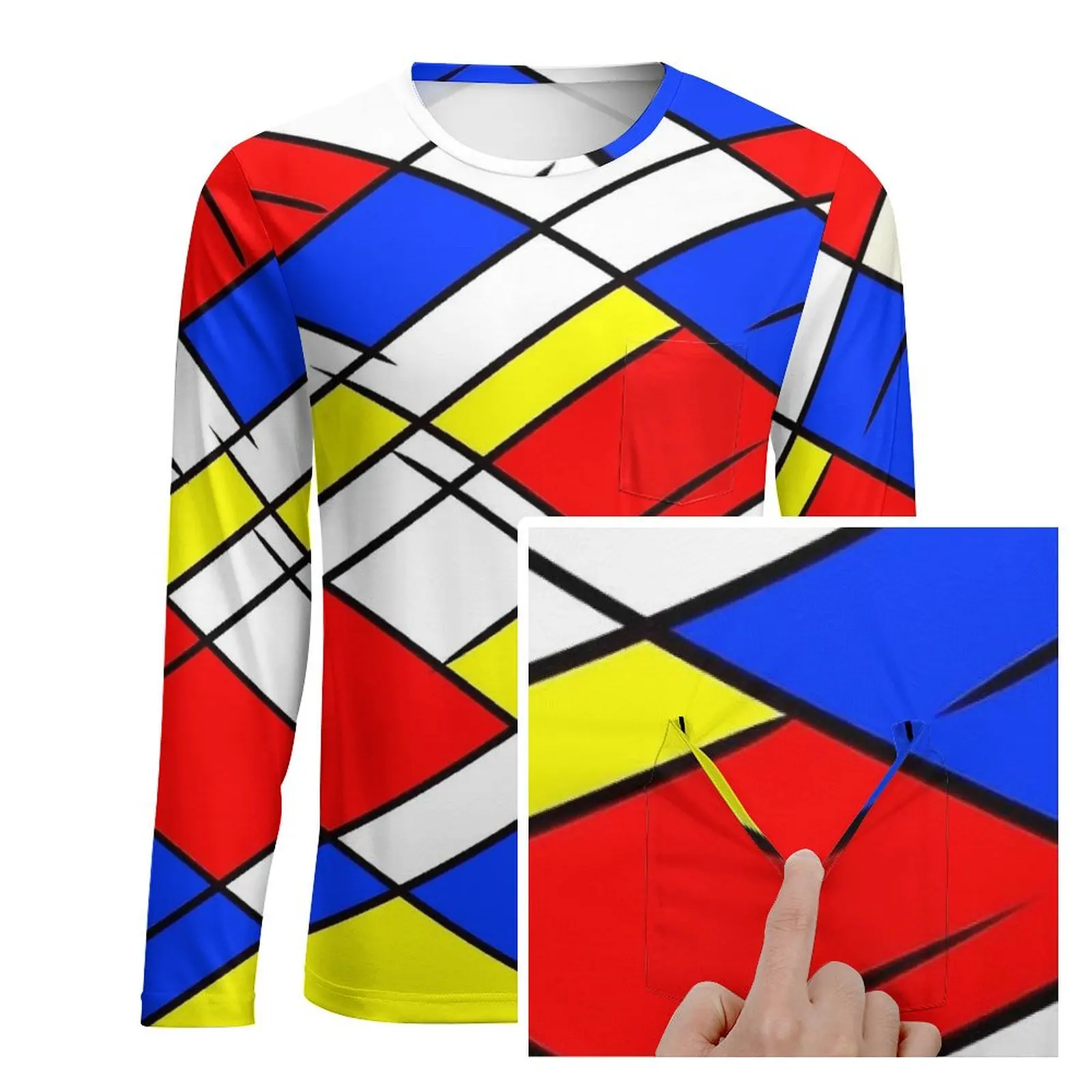 Red Yellow And Blue Mondrian T-Shirt Men  Basic T-Shirts Spring Trending Tees Long Sleeve Graphic Plus Size Tops