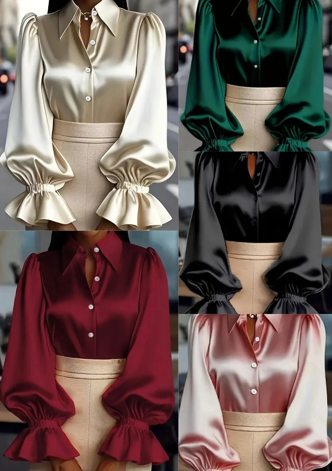 

Women Chic Office Casual Wear Top Elegant Satin Blouse with Ruffled Cuff Sleeves and Button-Down Collar