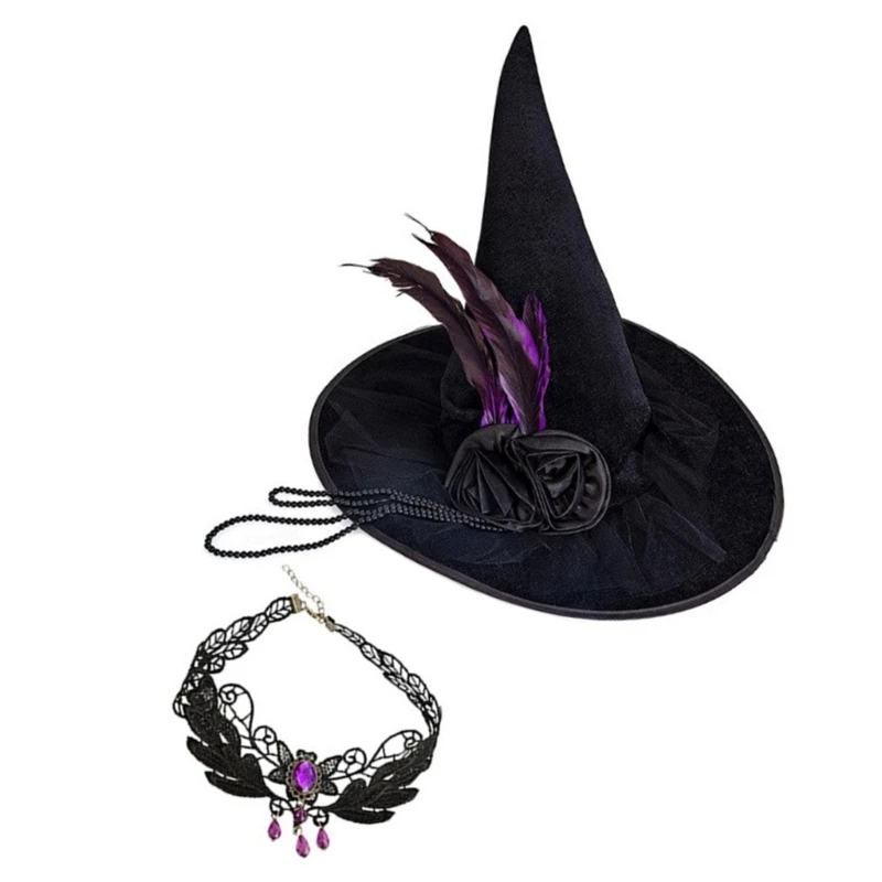 MXMB Halloween Witch Hat Masquerade Witch Hat Fashion Flower Choker Hat Set