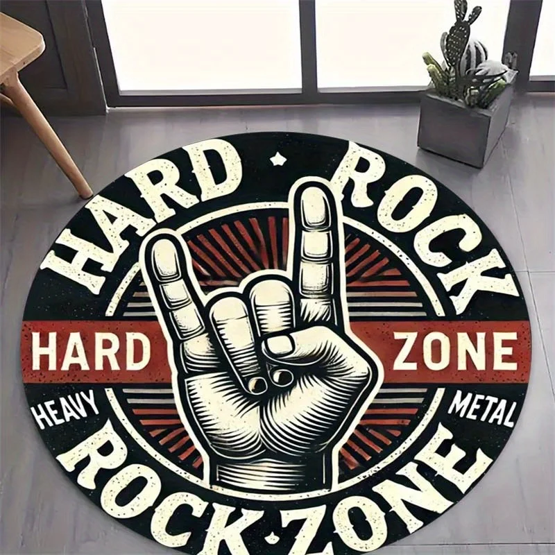 Distressed Old School Rock Band Sign Printed Round Carpet, Classic Rock Music Anti-slip Rug for Entryway Lounge Teen Bedroom