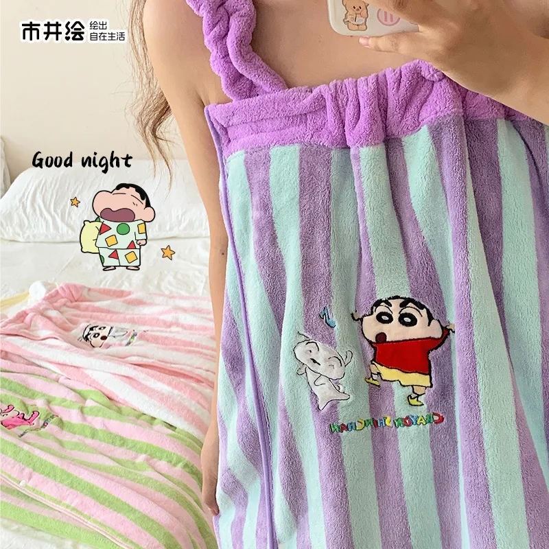 Kawaii Crayon Shin-Chan Anime Hobby Girl Cartoon Bath Dress Coral Fleece Water-Absorbent Thickened Bathrobe