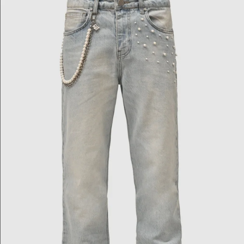 جينز رجالي مكدس باللؤلؤ الأمريكي القديم الجديد لعام 2025 بأرجل مستقيمة قابلة للتمدد من قماش الدنيم ملابس عصرية جديدة للرجال