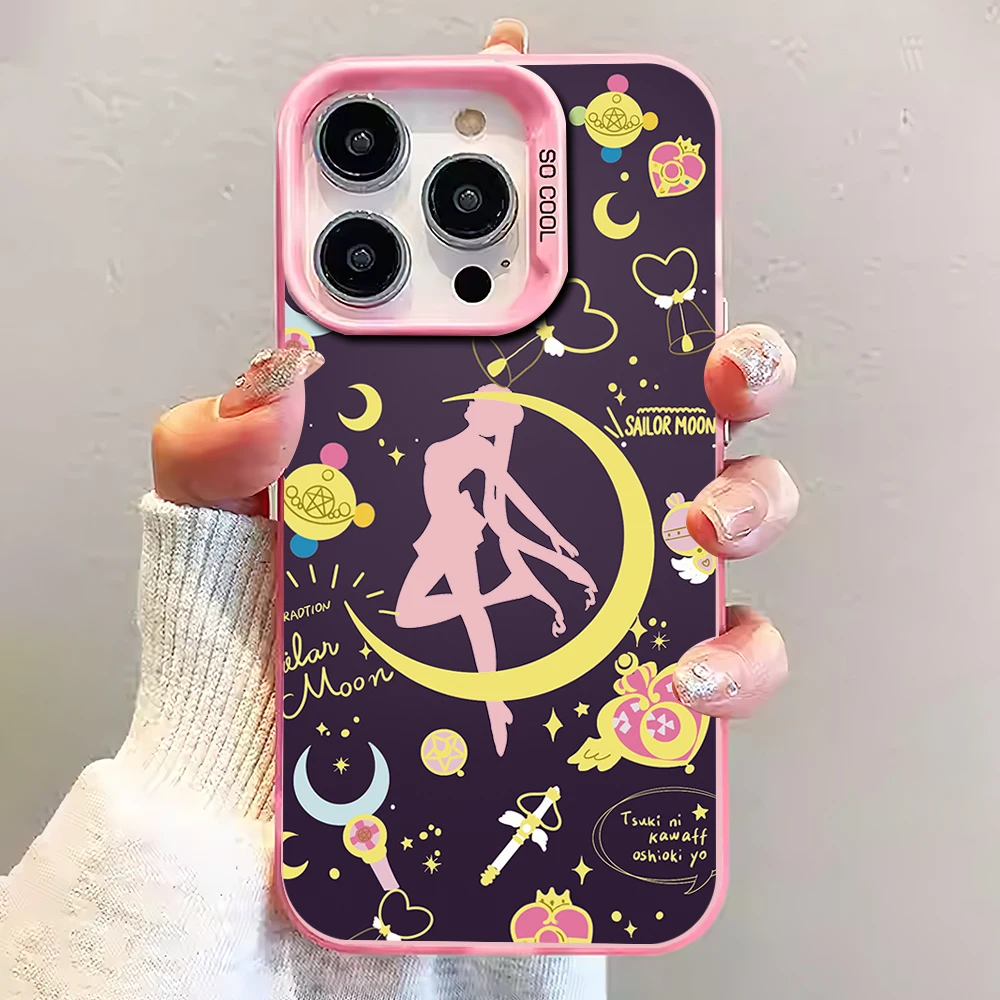 Bilibili Anime s-sailor Moon Laser casing ponsel untuk iPhone 12 11 13 14 15 16 Max Pro Plus IMD silikon tahan benturan Coque