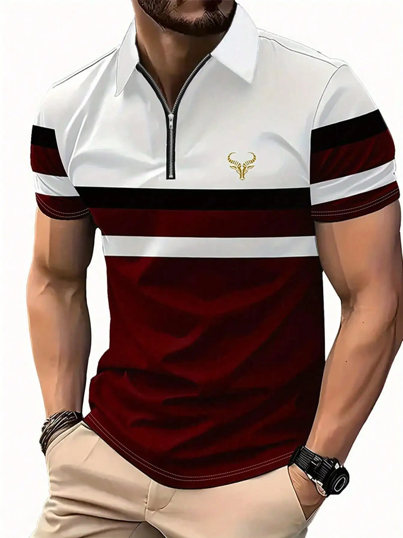 

Men's Short Sleeve Zip-Neck Polo Shirt with Striped Pattern and Embroidered Animal Motif, Polyester