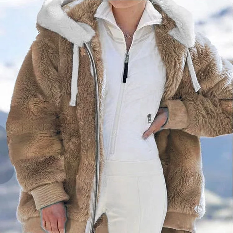 Damski płaszcz zimowy duży rozmiar ciepły futrzany z kapturem kurtka dojazdy do pracy długi sweter rozpinany włókno trikotowo-acetylowe damskie C...