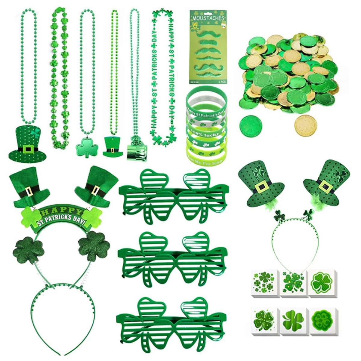 St Patricks Day Decorations with Green Glasses Necklaces Headband Bracelets Coins, Tattoos Stickers for St Patricks