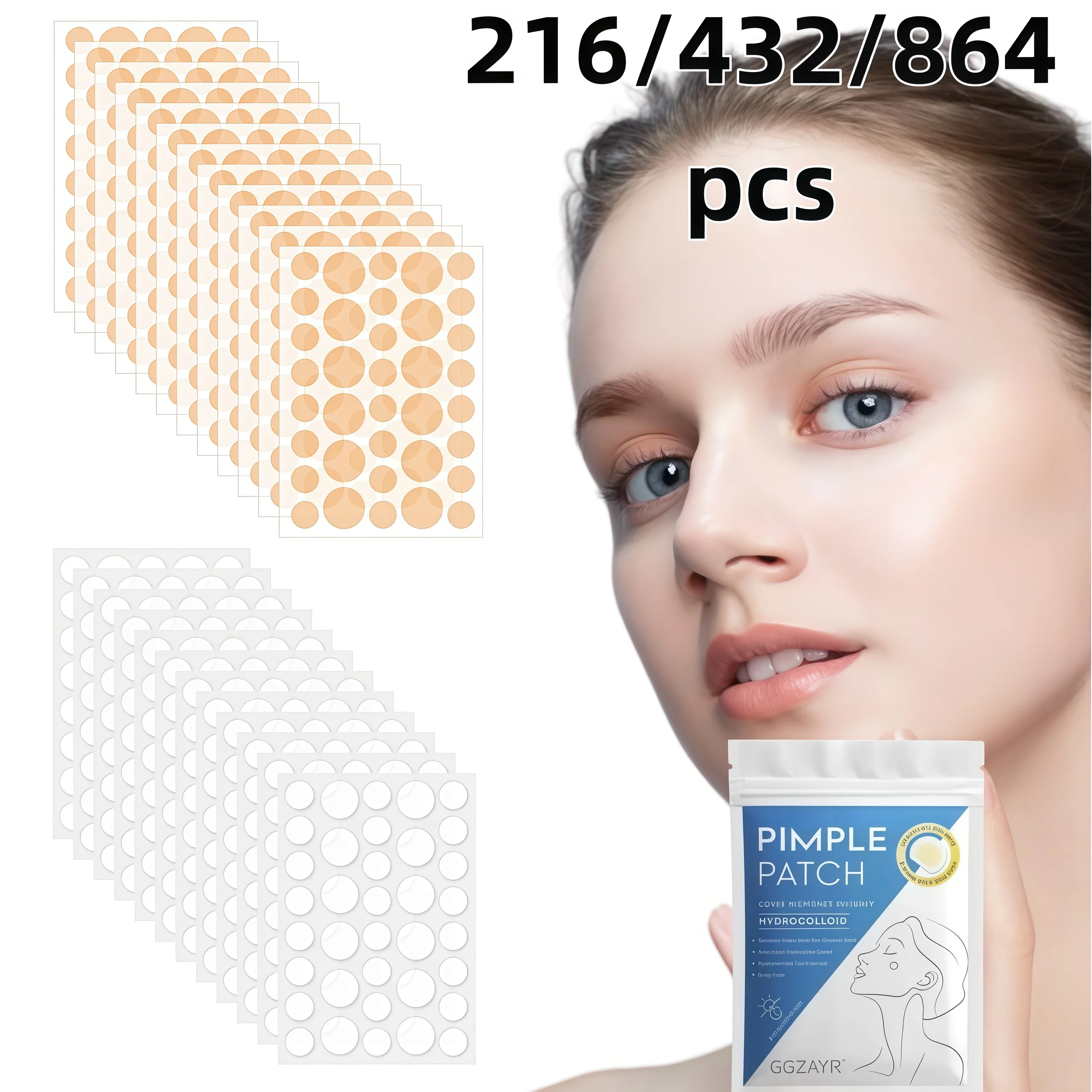 Invisible Face Dot Patch Set 216/432/864pcs, Multi-Size Natural Skin Blend Acne Covers