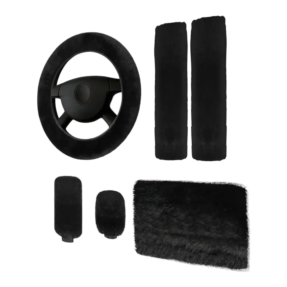 6pcs Car Steering Wheel Cover Plush Interior Kit Soft Car Steering Wheel Cover Winter Warm Auto Center Armrest Cove Set