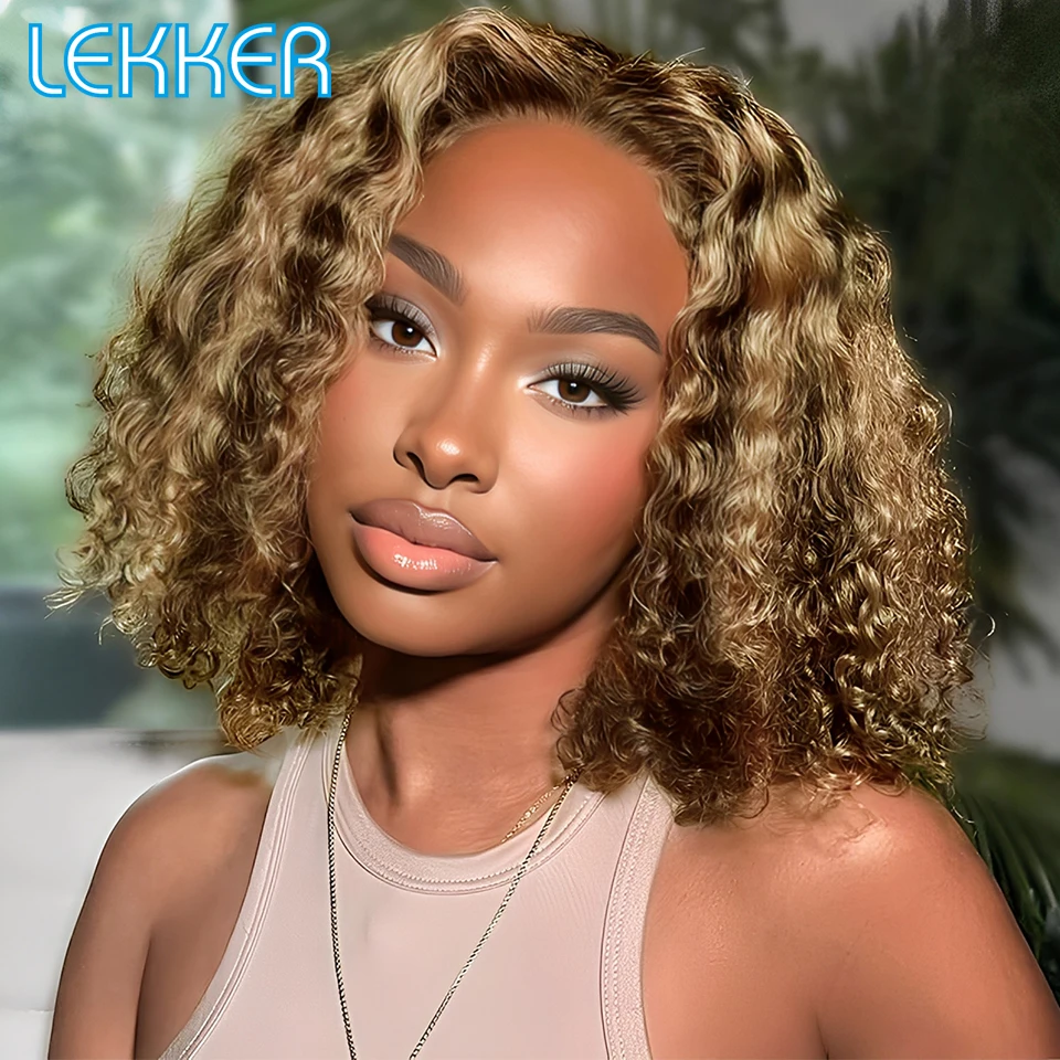 

Lekker Clearance Blonde Brown Short Curly Bob Middle Part Lace Front 100% Human Hair Wig For Women Brazilian Remy Hair Colored