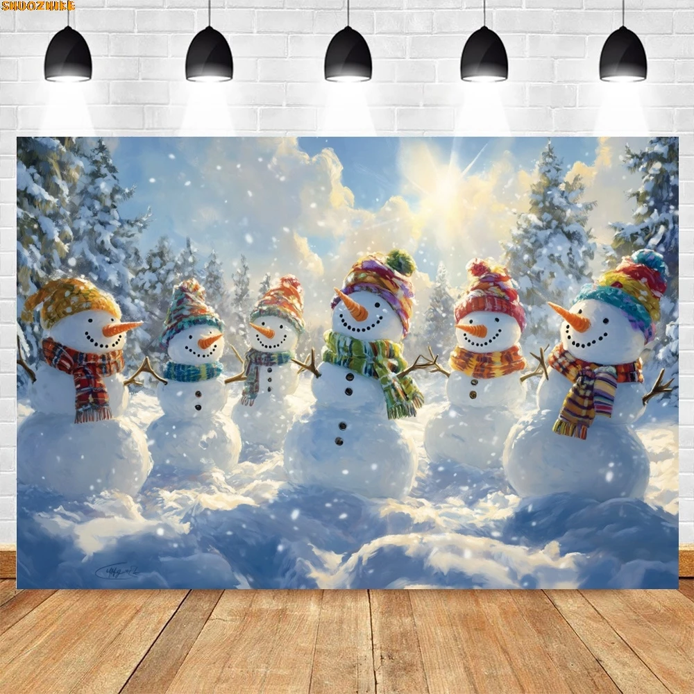 

Christmas Backdrop Winter Snow Forest Tree Woods Snowman Gifts Box Photography Background Kids Family Party Decor Banner Props