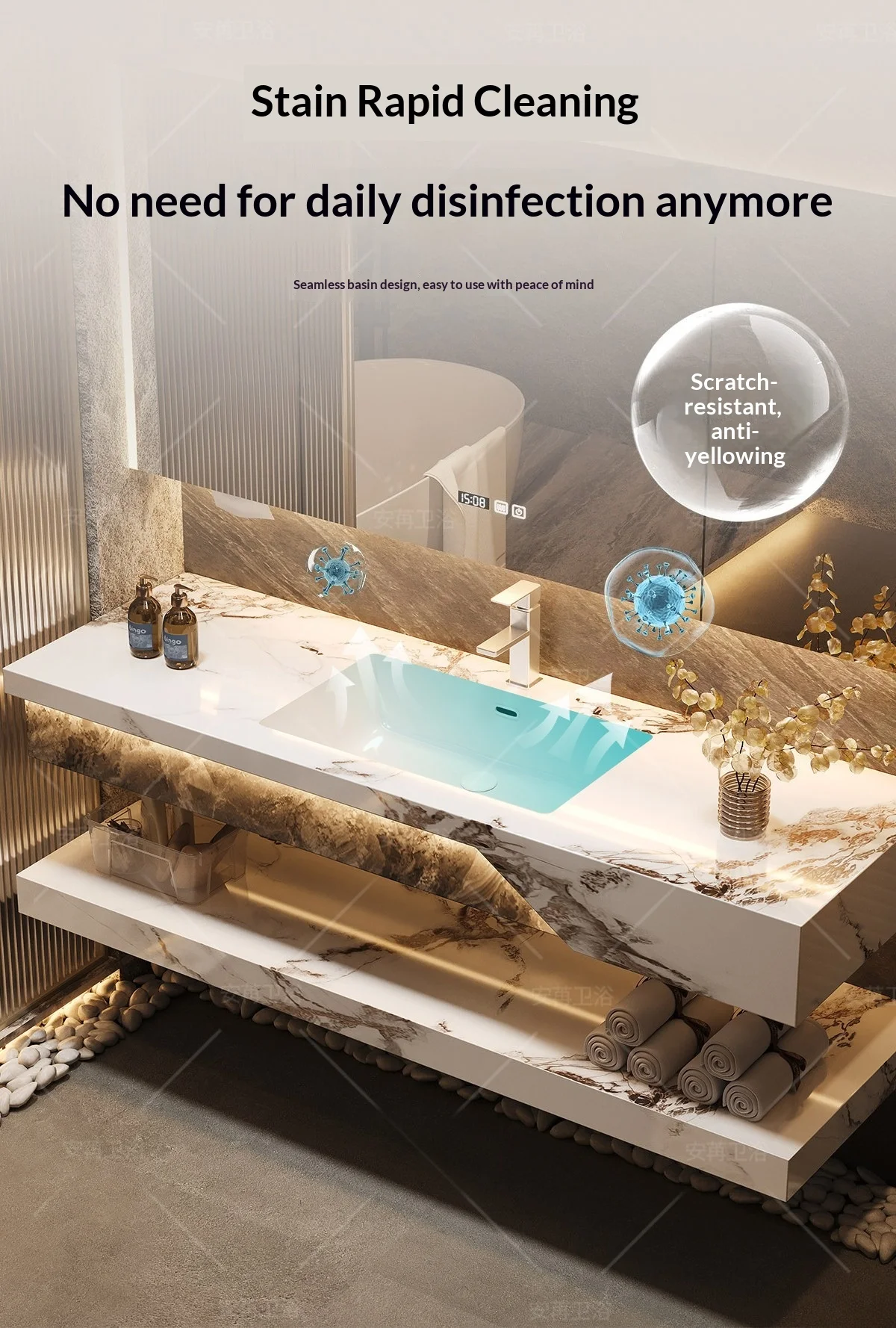 Natural Marble Sink Modern Bathroom Vanity Top Basin Rectangular Polished Stone Wash Sink for Home Hotel Decoration