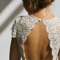 Simple Mermaid Bridal Gown Deep V Floral Lace Cap Sleeve Sheer Waist Cutout Back Buttons Soft Chiffon Custom Beach Wedding Dress - Image 6