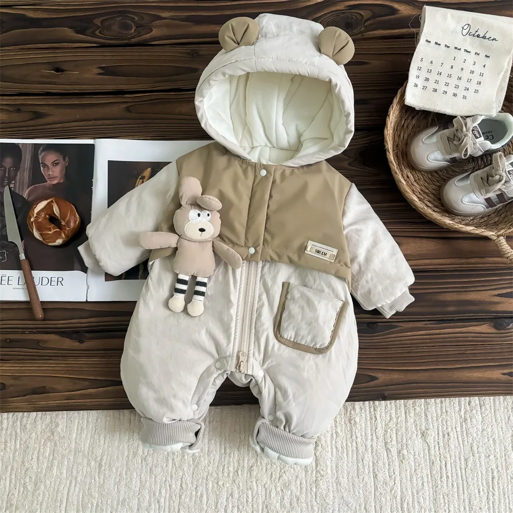 UNIFEMEN Winter 2024 Infant Boys Bodysuit Hooded Pocket Cartoon Plus Velvet Warm Baby Boys Parkas Newborn Boys Jumpsuit