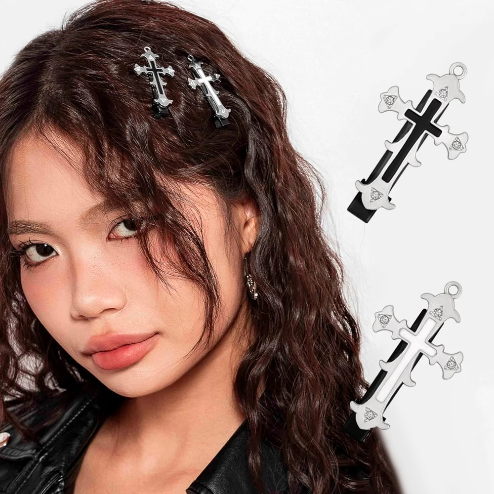Pinces à cheveux gothiques en forme de croix, Styles Y2k, Barrettes en bec de canard en métal de couleur noir et blanc pour femmes et filles, couvre-chef de fête d'halloween Lolita