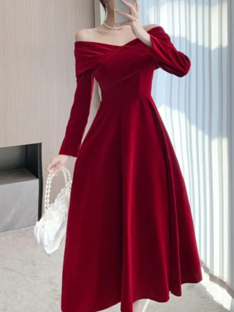 Wine Red Vintage Elegant Women Dresses New Autumn Slash Neck Long Sleeve Wedding Party Dress Female Midi Vestidos Chic Clothing