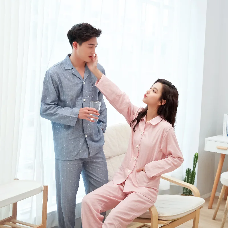 

Sweet polka Dot 100% gauze cotton pajamas sets women men lovers spring autumn long sleeve casual sleepwear pyjamas 0102