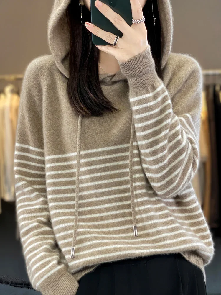 Women's Hoodies 100% Merino Wool Sweater Striped Long Sleeve Casual Loose Pullover Cashmere Knitwears Fashion New Knit F470