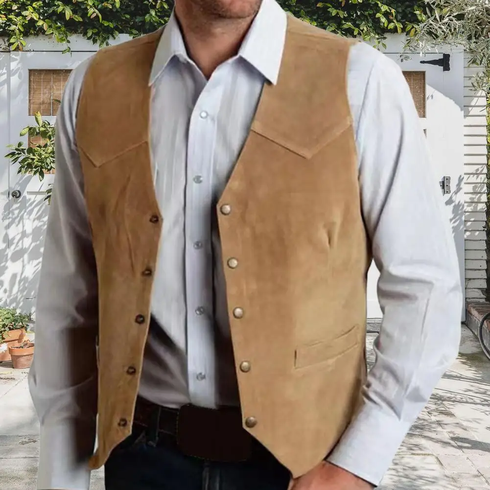 Men Old West Style Vest Old West Style Men's Collarless V-neck Waistcoat with Pockets Formal Business Suit Jacket Single