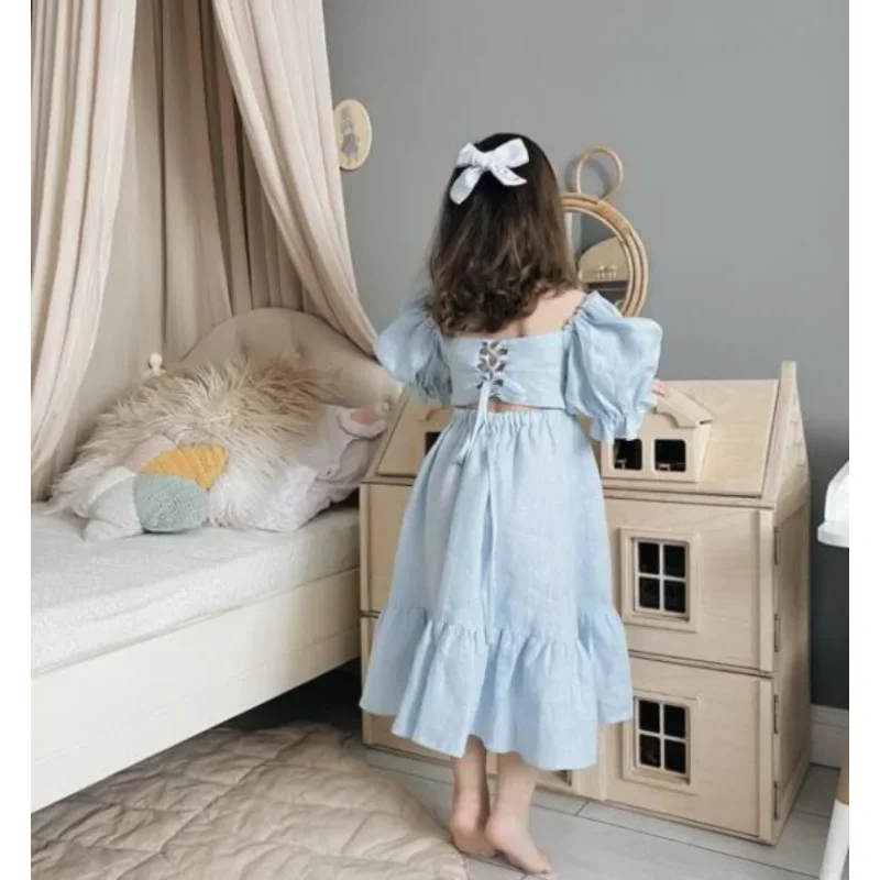 Children Clothing  Girls Dress 2024 Summer Cotton and Linen Back Adjustment Bubble Sleeve Princess Sweet Simple Dress for Girls