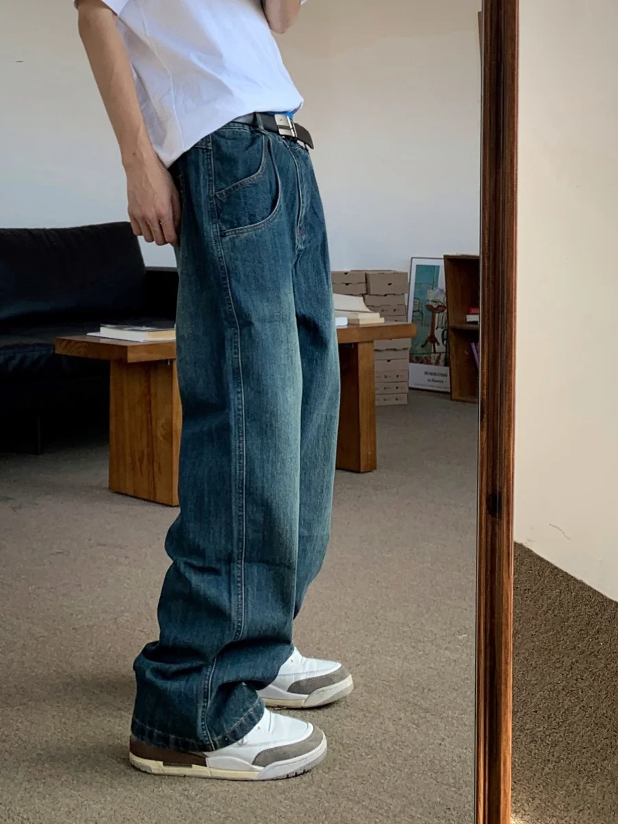 

American High Street Waed Multi-ket Design Men's Casual Loose Straight Leg Jeans Retro Long Trousers Faionable Youth A...