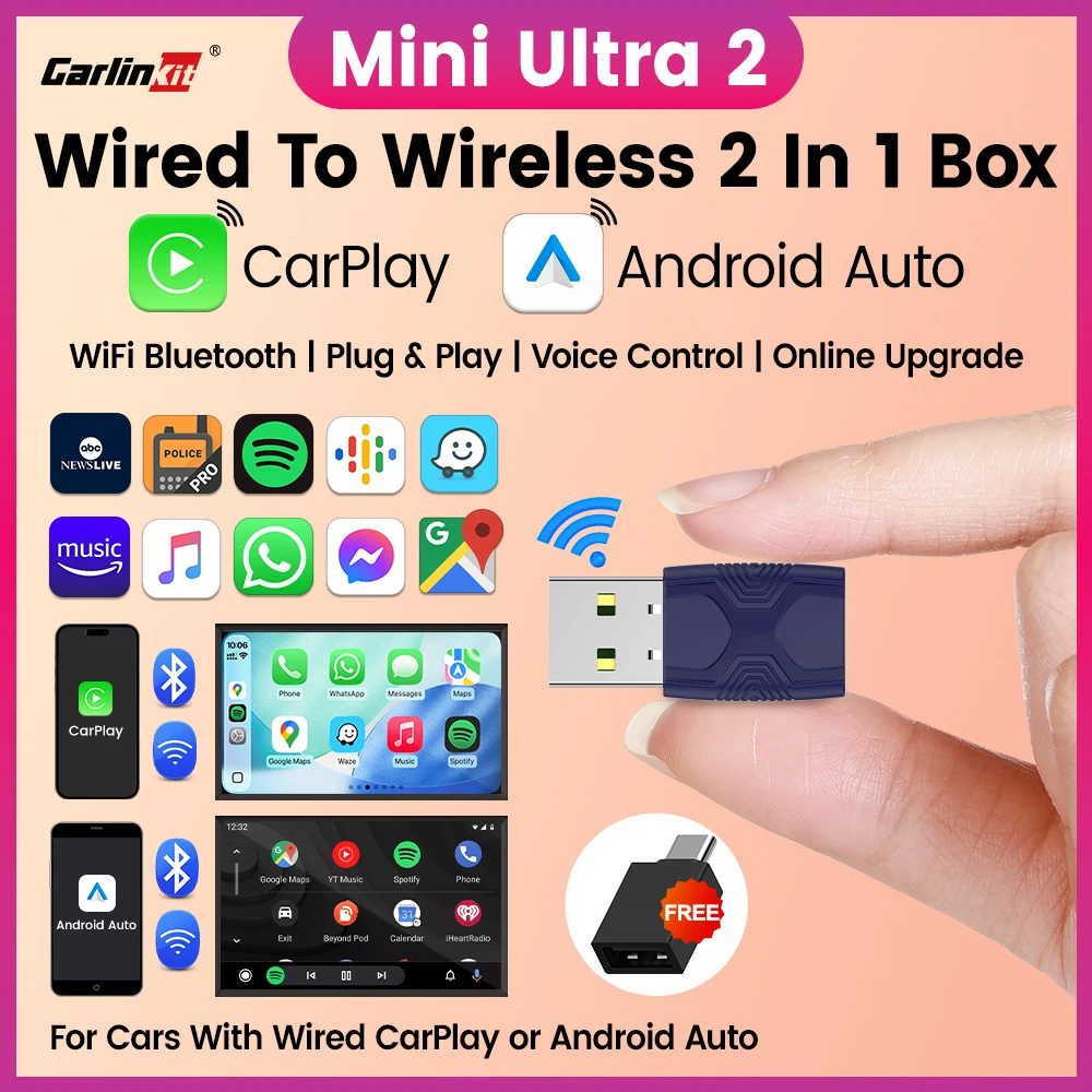 Mini Ultra 2 CarlinKit 5.0 Wireless CarPlay Android Auto Wireless Adapter Plug &Play WiFi Bluetooth Auto Connection For OEM Cars