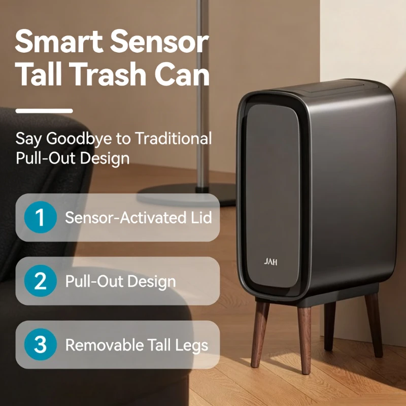 

Stainless Steel Waste Bin Smart Sensor Trash Can Automatic High Feet with Lid Garbage Bins Narrow Wastebasket Kitchen Dustbin