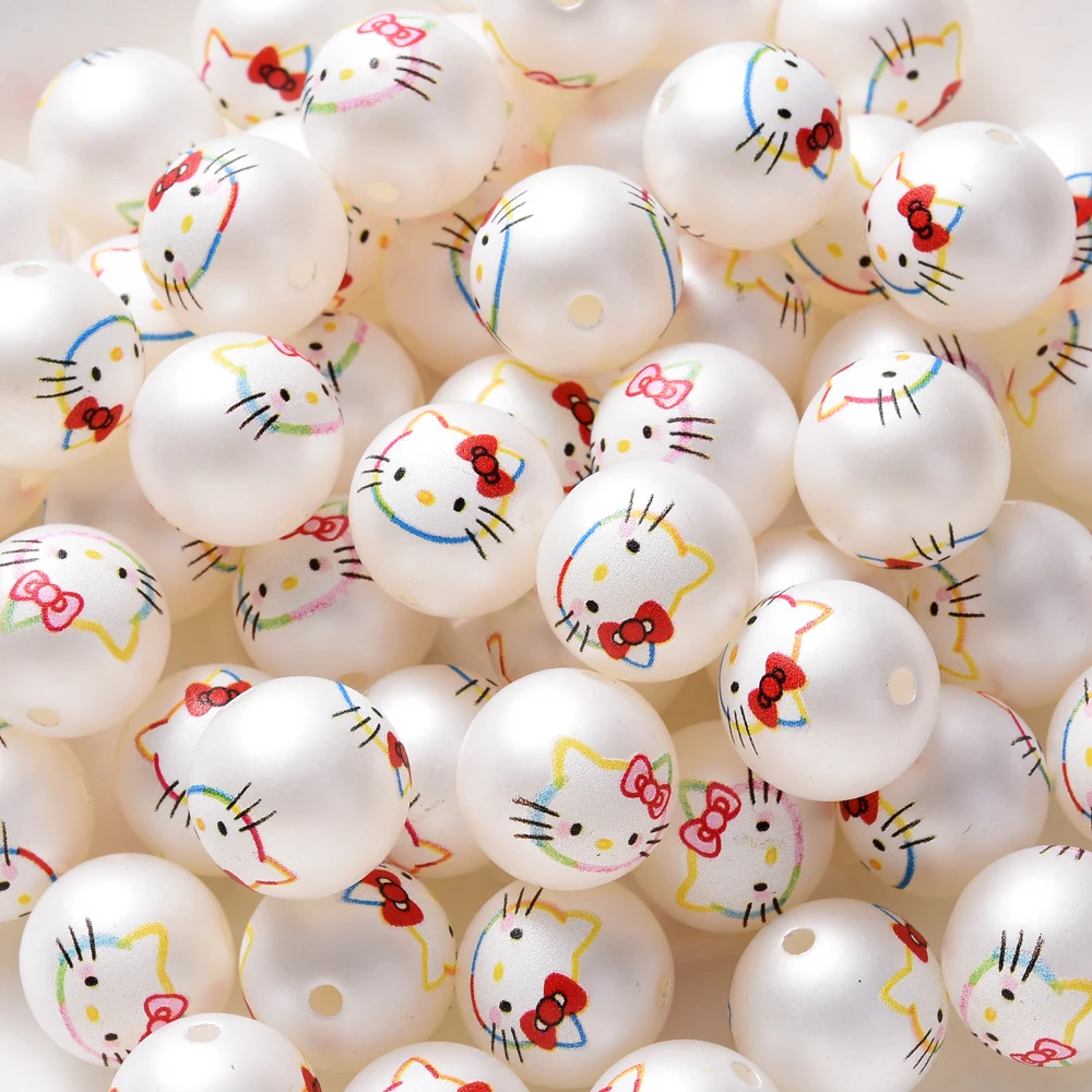 

10Pcs KT Cat Acrylic Beads White Frosted Printed Round Beads Foy Hanndmade DIY Pacifier Chain Necklace Bracelet Accessories