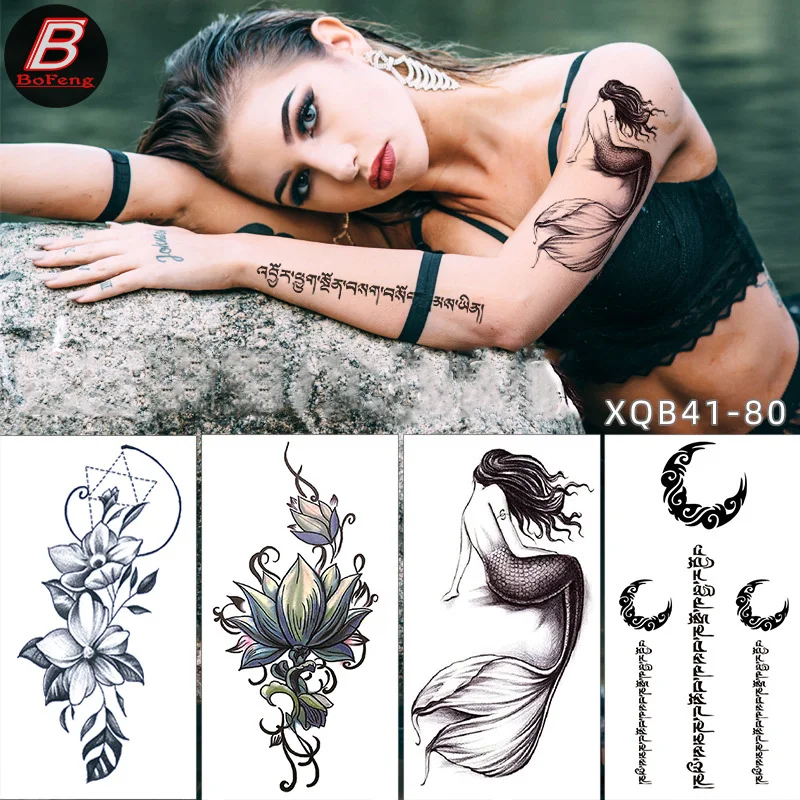 Small Full-arm Waterproof Tattoo Stickers Sanskrit Totem Mermaid Dagger Flower Arm Body Art Tattoo Stickers Arm Men And Women