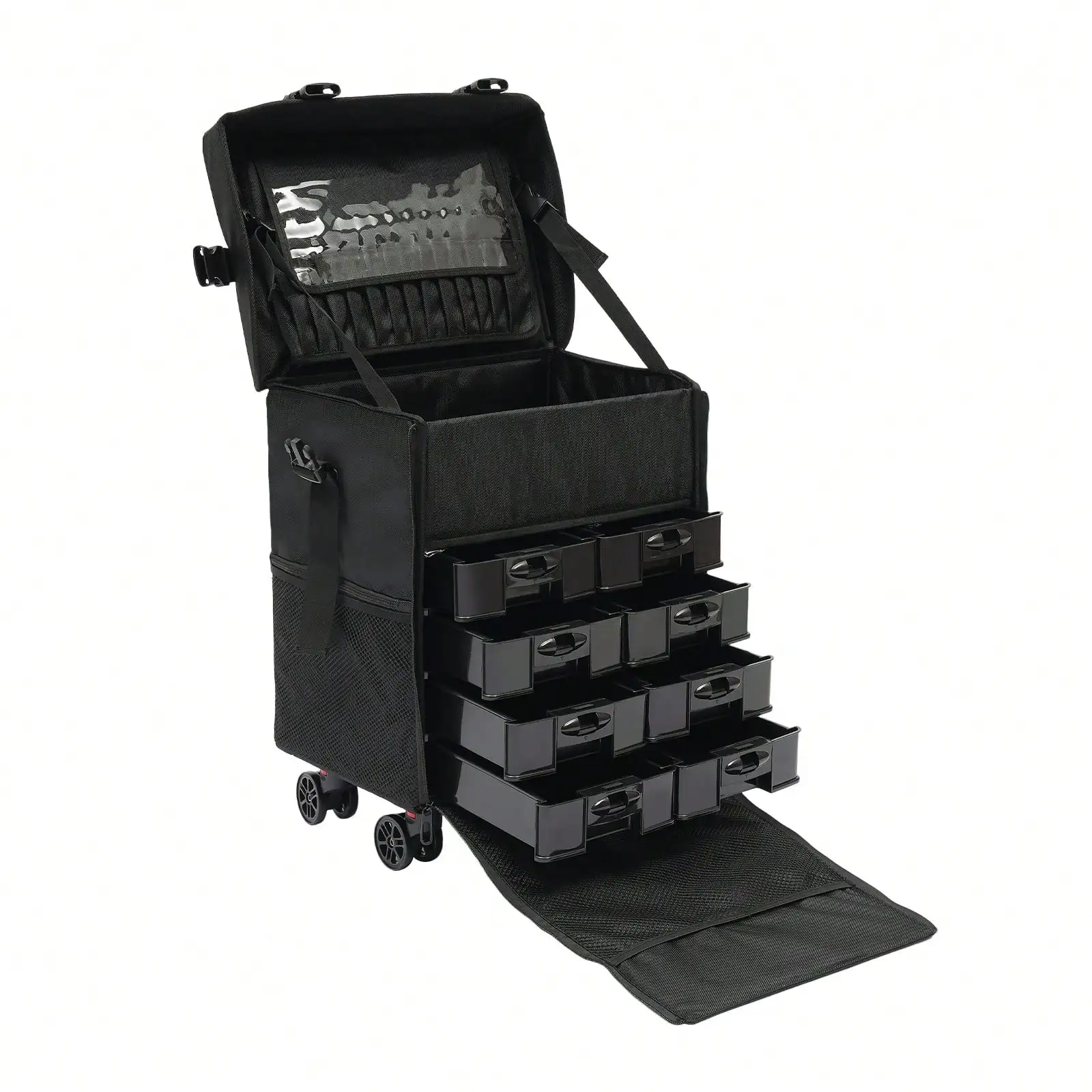حقيبة مكياج احترافية مع 8 أدراج قابلة للإزالة و360 درجة °   عجلات |   عربة مستحضرات التجميل متعددة الطبقات باللون الأسود للسفر من MUA