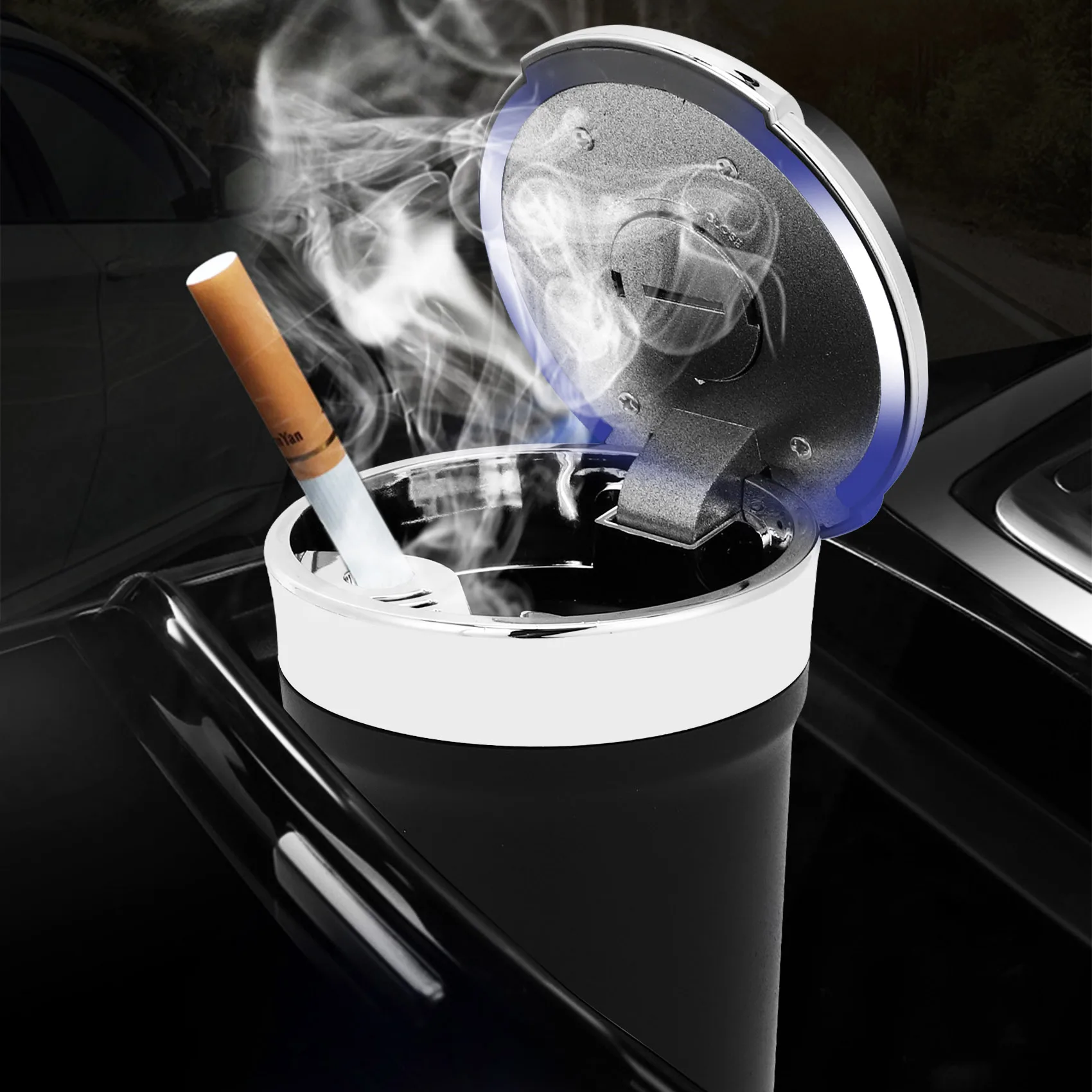 LED Blue Light Windproof Enclosed Home Ashtrays, Car Cup Holder Ashtray, Automatically Extinguished with Lid