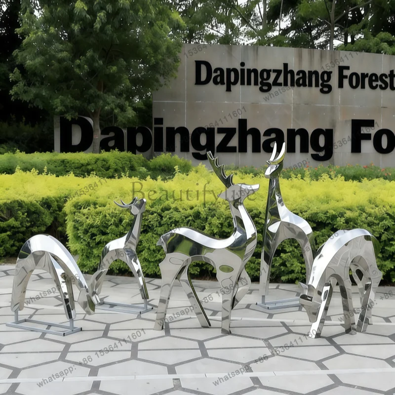 Stainless steel geometric mirror deer sculpture Sales office garden lawn decoration villa courtyard large floor ornaments