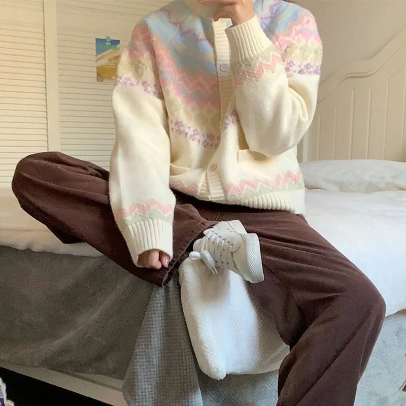Women Autumn Winter Korean Fashion Button Color Blocking O-neck Knitting Women Clothes Preppy Style Loose Cardigan Sweater Tops