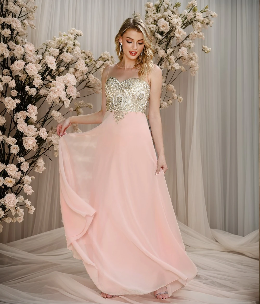 

A-Line Chiffon Bridesmaid Dresses Gold Lace Appliques Illusion O-Neck Sleeveless Evening Dress Sheer Backless Long Party Gowns
