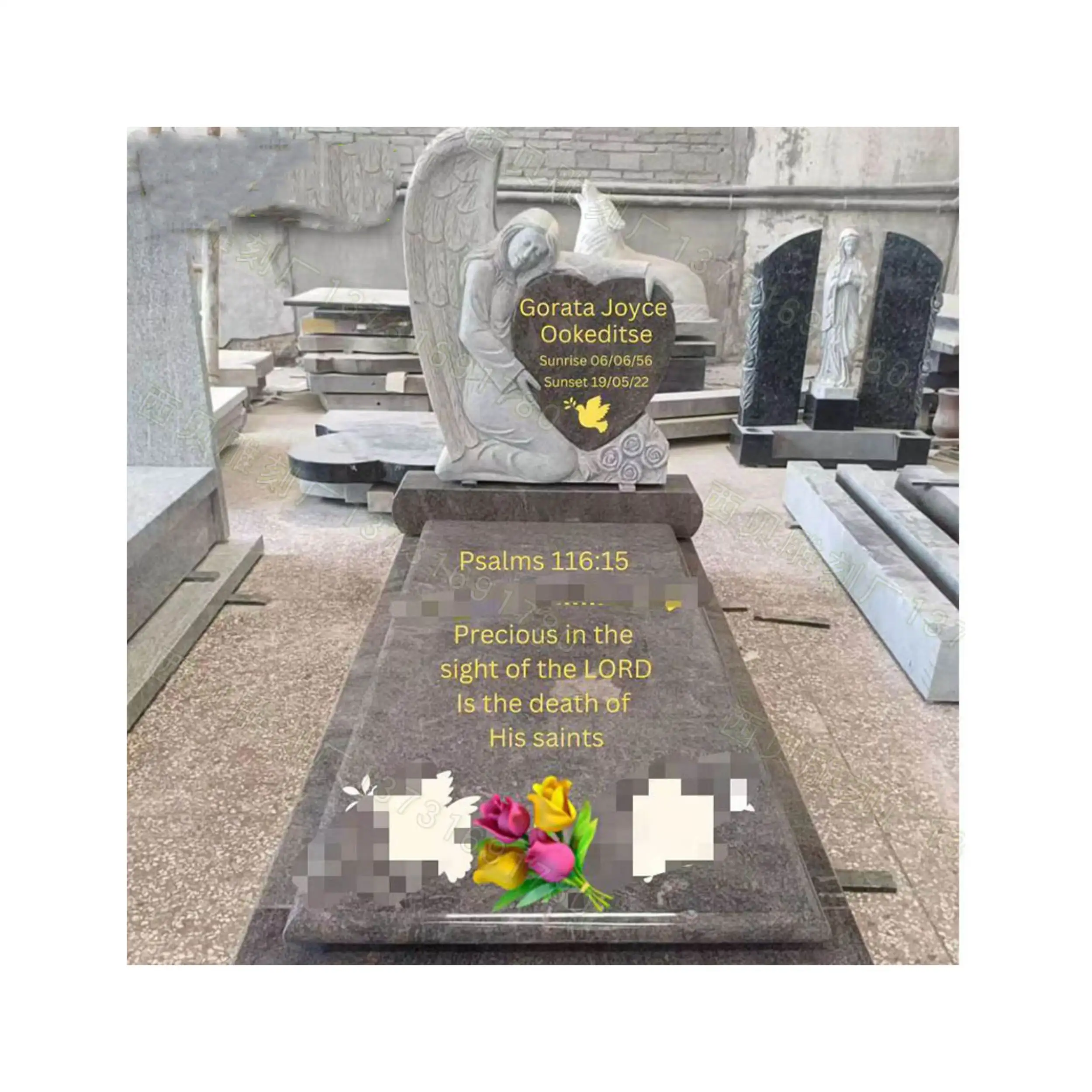 Customization Custom Made Carving Stone Granite Marble Tombstone Sitting Angel Gravestone for Cemetery