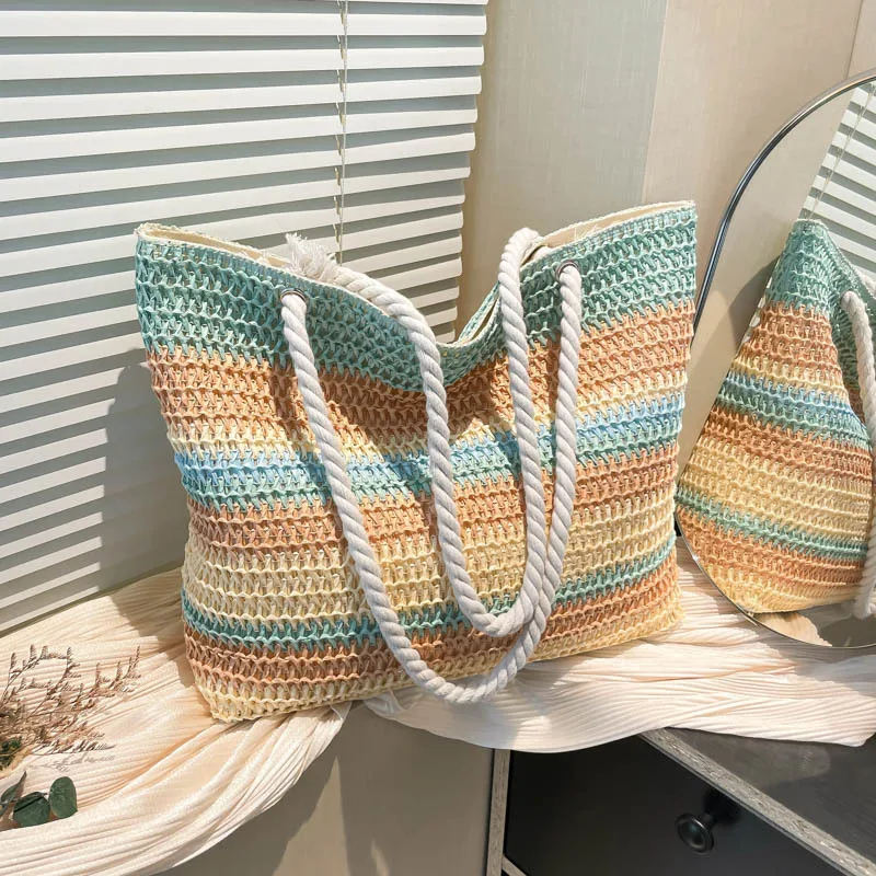 Summer Straw Tote Bag, Rainbow Color Block Woven Beach Handbag with Cotton Rope Strap, Large Capacity Boho Shoulder Bag