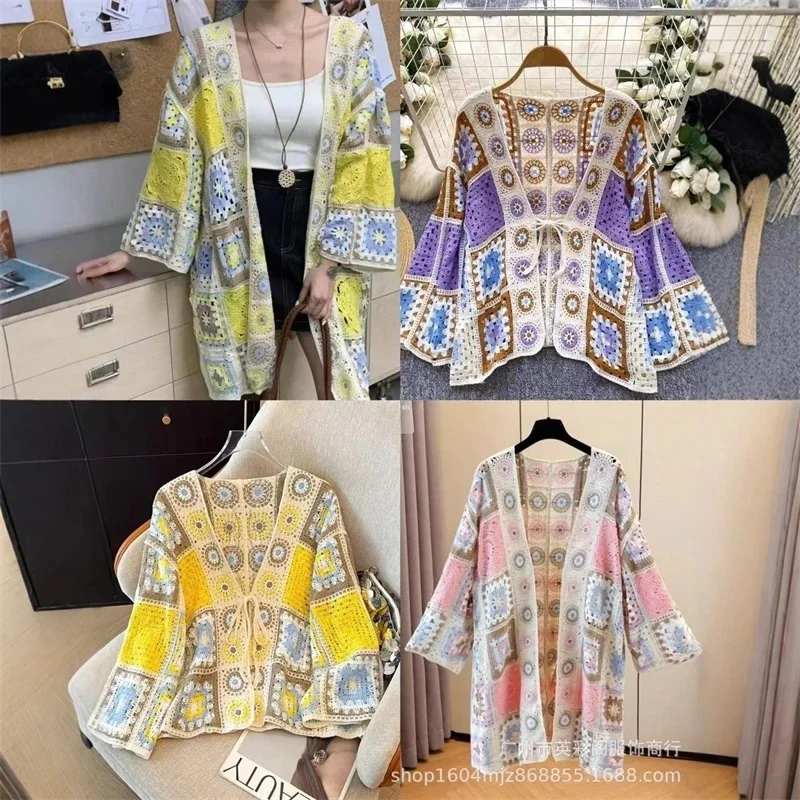 2026 New Spring Autumn Bohemian Crochet Cardigan Women's Hollow Out Loose Knit Cover Up Stylish Ethnic Fashion Top