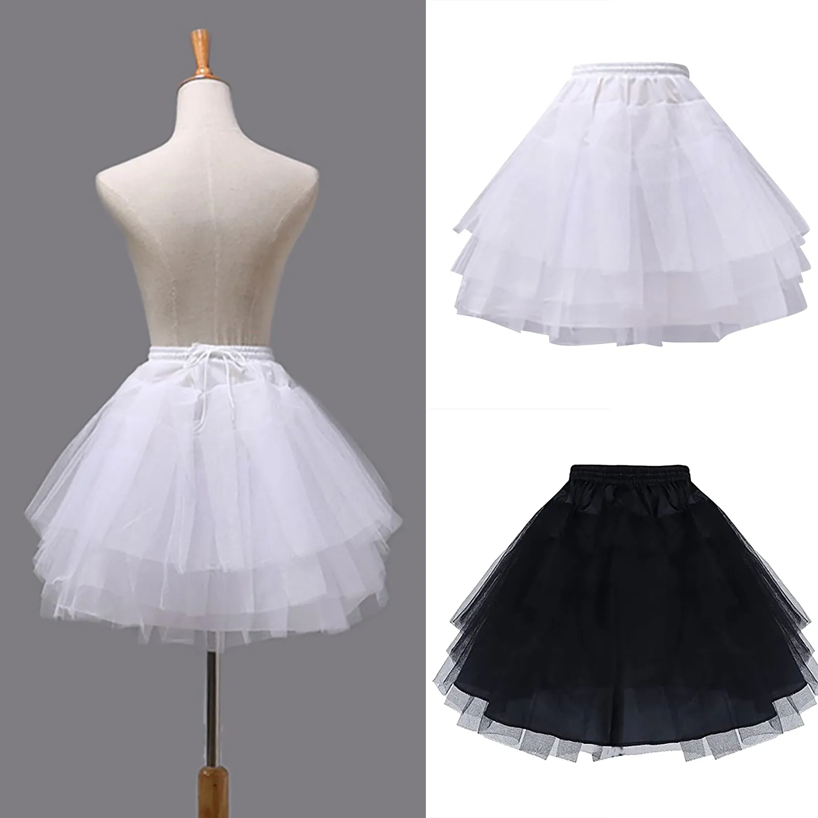 

2023 New White Or Black Short Tutu Skirt Petticoat Wedding Dress Support Sexy Sweet Bustle For Women 3 Layer Solid Color Skirt