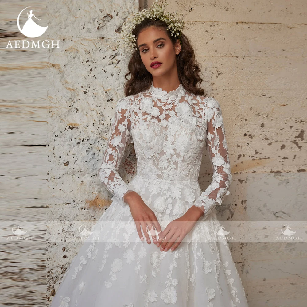 Aedmgh-vestidos De novia elegantes De corte en A, bata De manga larga con cuello alto, Apliques De encaje, flores, vestido De novia elegante hecho a medida