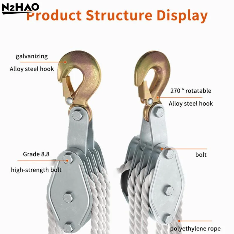 

Handheld Crane Heavy Duty Polyethylene Rope Pulley Hoist 270° Rotatable Rope Pulley Block Zinc Alloy Hook Manual Lifting Device