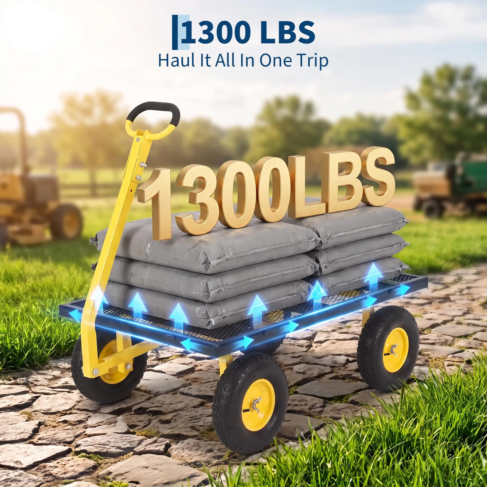 Heavy Duty 1200 lbs Steel Garden Cart Wagon with 13 in All Terrain Tires, Pullable Yard Cart Garden Utility Wagon with Removable Mesh Sides, Black Frame with Yellow Wheels, Metal Wagon Cart for Farm Garden Lawn Orchard Warehouse