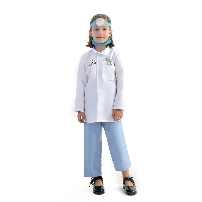 Boys Girls Dentist Cosplay Costume White Coat Headlamp Mask Doctor Suit for Halloween Party Stage Performance Cos Outfits