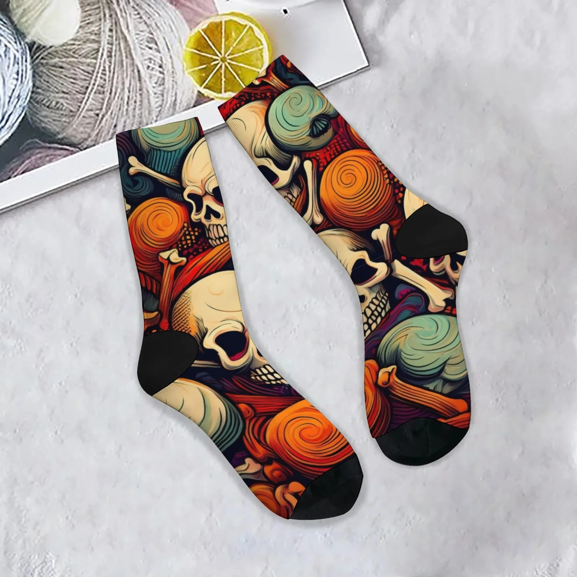하라주쿠 레트로 해골 라인 텍스처 프린트 남성 양말 편안한 통기성 미끄럼 방지 캐주얼 양말 스트리트 힙합 크루 양말 선물