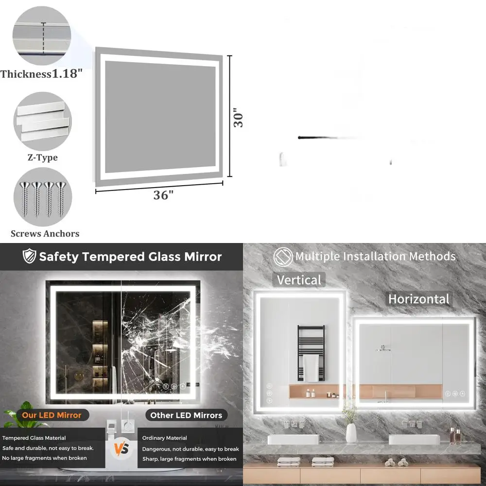 

Зеркало для ванной с LED-подсветкой 30x36, регулируемой яркостью, функцией антизапотевания, 3 вариантами цвета, из закаленного стекла