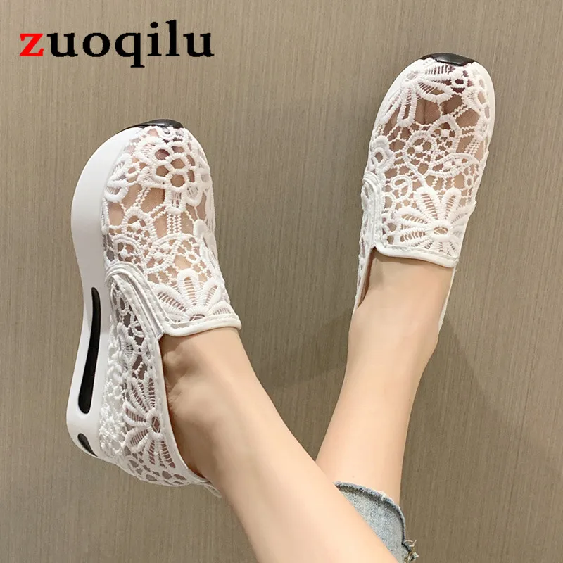 Lace Women Shoes casual Summer Wedges Shoes for Women Black White Breathable Lace Flower Sneakers Women Loafers Zapatos De Mujer