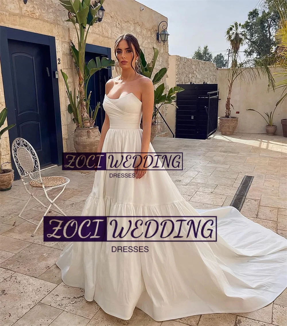 Zoci Unique Neck A Line Wedding Dresses Customized Strapless Satin Bride Dress Saudi Arabic Dubai Backless Women Bride Dress