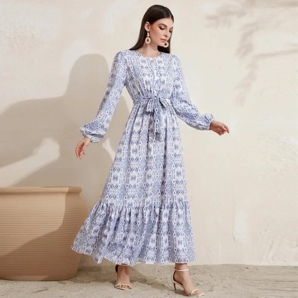 Women Eid Muslim Dresses Puff Sleeve O Neck Single Breasted Vestidos Dubai Arab Flowers Kaftan Islam Belt Casual Party Dress