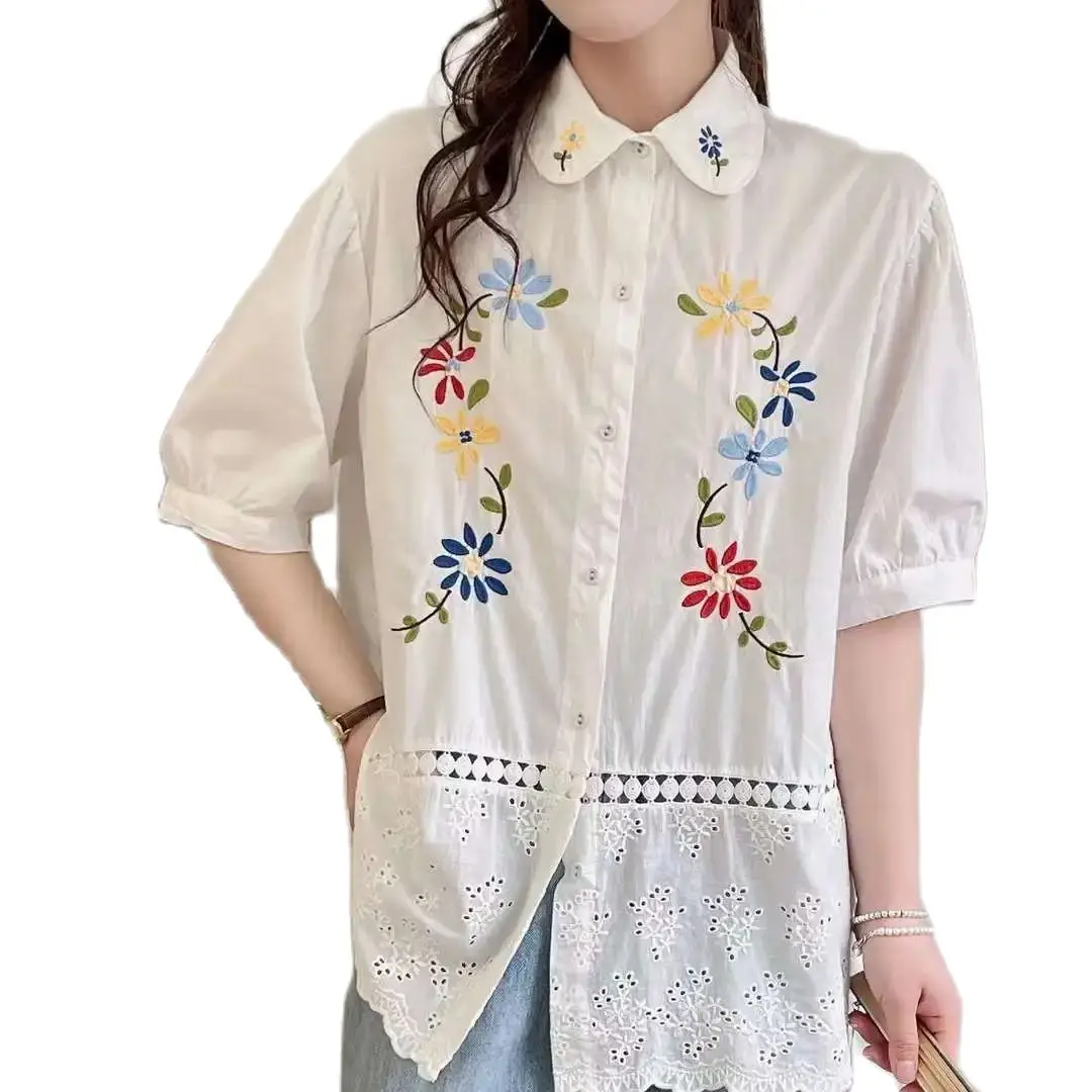 Neue Frühling Baumwolle Mode Shirt Frauen Kurzarm Stickerei sanfte Tops Mädchen aushöhlen süße Blusen 2024 Sommer t44703qm